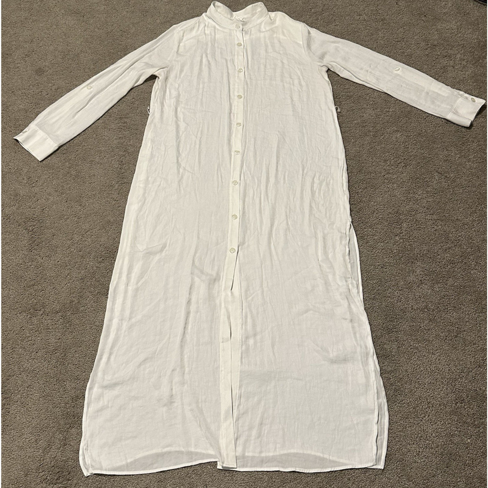 Summersalt Women M Dress Maxi Button Front Long Sleeve Roll Tab White READ